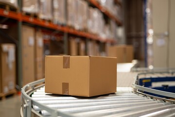 Cardboard package on conveyor in modern warehouse with boxes on shelves for shipping and logistics