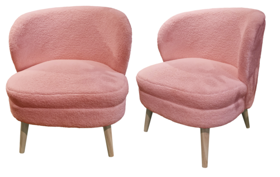 Fauteuil scandinave en moumoute corail doux minimaliste isolé sur fond transparent vu de face et de cotépour décoration intérieure aménagement design 3D architecture