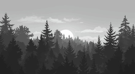Fototapeta premium forest silhouette at sunset dense trees in a grayscale landscape evoking a sense of mystery and solitude ideal for nature blogs and calming visuals.