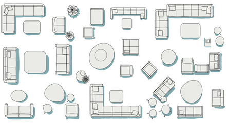 Furniture arrangement plan top-down view of living room furniture layout showcasing sofa sets coffee tables and plant arrangements for interior design projects