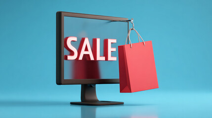 The word "SALE" is shown on a red shopping bag that hangs off the side of a 3D computer monitor.