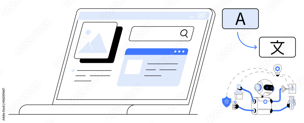 Poster laptop screen with translation interface, search bar, and ai robot processing multilingual text. ide