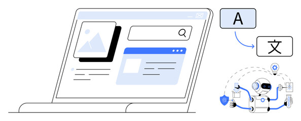 Laptop screen with translation interface, search bar, and AI robot processing multilingual text. Ideal for technology, education, AI, globalization, communication, innovation artificial