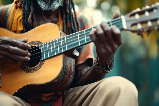 Rastafarian musician playing guitar in the street