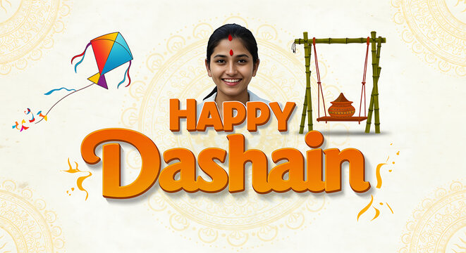 Bold Modern Happy Dashain Typography with Kite and Bamboo Swing Vector Design
