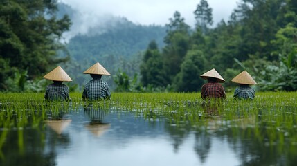Obraz premium Farmers in rice paddy landscape