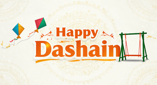 Bold Modern Happy Dashain Typography with Kite and Bamboo Swing Vector Design