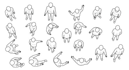 Overhead view people crowd individuals standing walking laying down from above perfect for architecture urban planning and design visualizations.