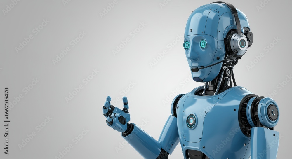 Aufkleber futuristic support robot with headset engaged in a thoughtful gesture within studio backdrop