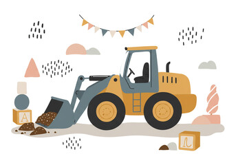 A cartoon illustration of a yellow loader with blocks and a banner on a white background