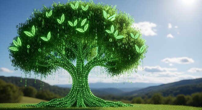 Sustainable tech metaphor a green tree made of binary code in natural background.