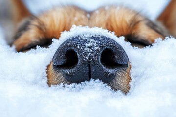 Dog nose peeking through winter snow