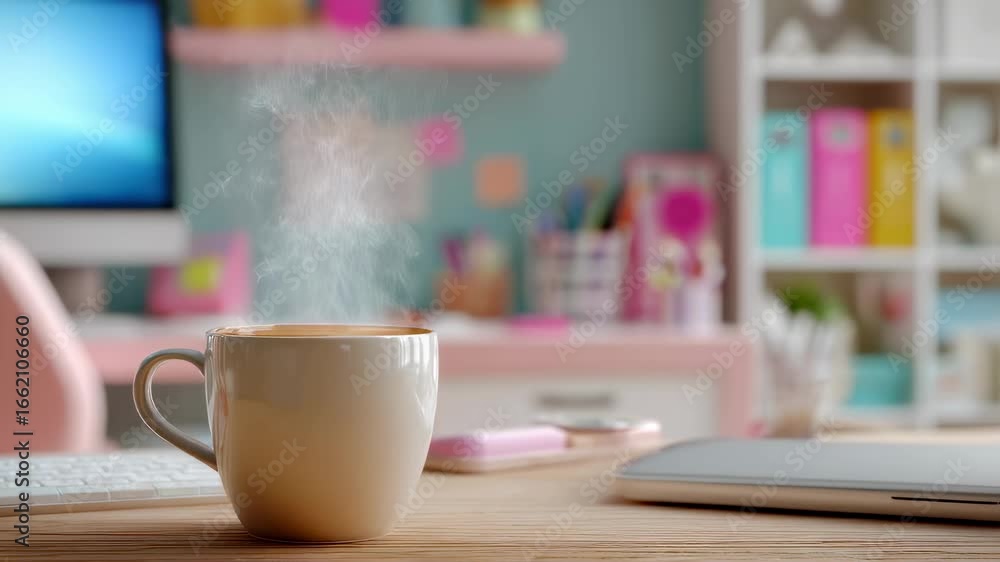 Poster Steaming coffee resting on a desk in a cozy, colorful home office, creating an inviting atmosphere for relaxation and productivity in a work from home setting