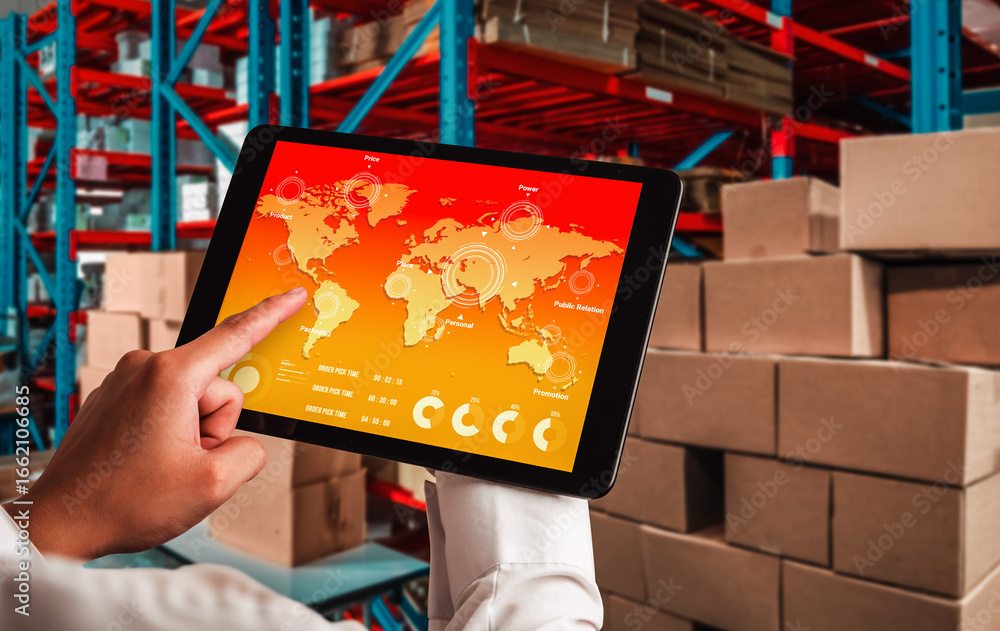 Poster warehouse management innovative software in computer for real time monitoring of goods package deliv