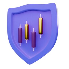 3D render of a purple shield protecting financial candlestick charts, symbolizing investment security and market analysis.