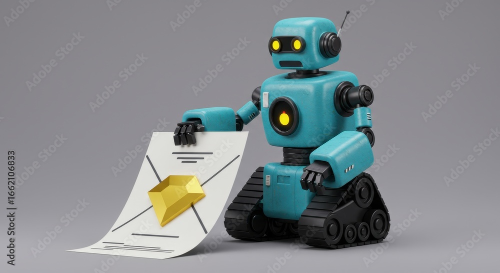 Poster turquoise delivery robot holding an envelope with a gleaming golden gem symbol