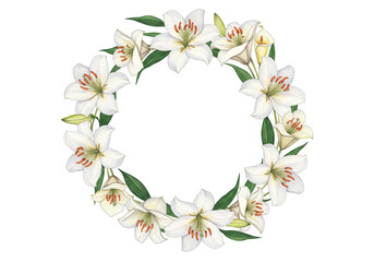 A delicate wreath of white lilies with green leaves arranged in a circular pattern on white