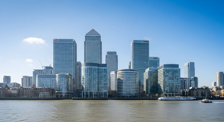 Fototapeta premium Modern City Skyline with Tall Skyscrapers and Waterfront View on Clear Blue Sky Day