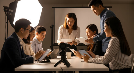 Business Team Meeting with Digital Devices in Modern Office Setting