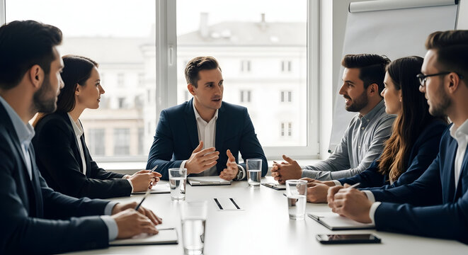 Business Meeting with Diverse Professionals Discussing Strategy in Modern Conference Room