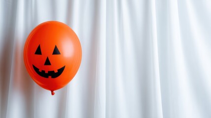 A bright orange Halloween balloon featuring a grinning jack-o'-lantern face, set against white curtains.