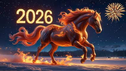 Majestic fire horse galloping through snowy night, fireworks and glowing 2026 text in sky, cinematic fantasy lighting, magical winter landscape, high-detail horizontal 4K scene