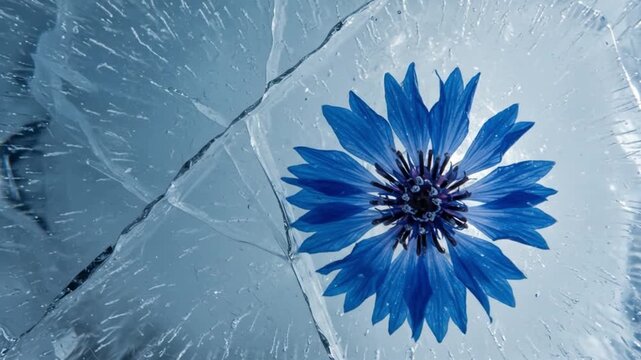 Blue cornflower flower surrounded by cracked ice in abstract design  