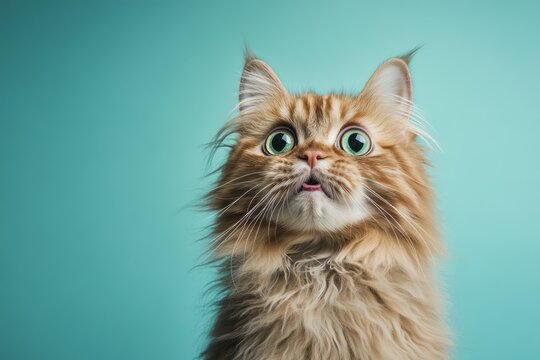 Long-haired cat dramatic shocked funny close-up