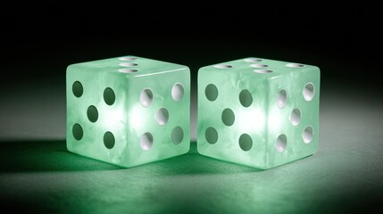 Two glowing, translucent dice are displayed against a dark background, showcasing their unique design and illuminated spots.