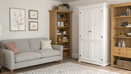 simple gray sofa standing next to a white cupboard