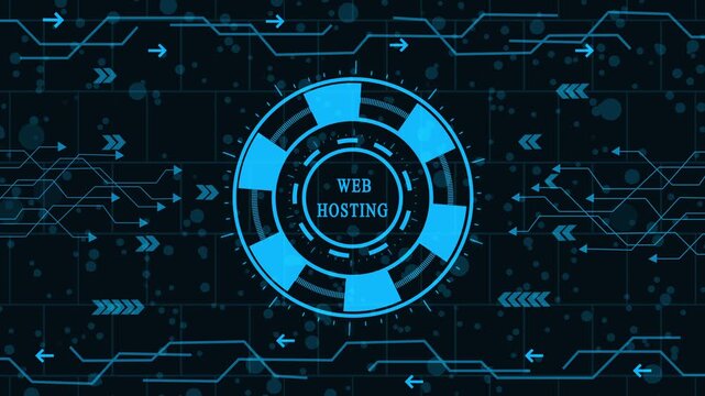 futuristic web hosting and cloud server platform animation, digital website hosting and data center infrastructure interface, high-tech web hosting solutions and online services network hud