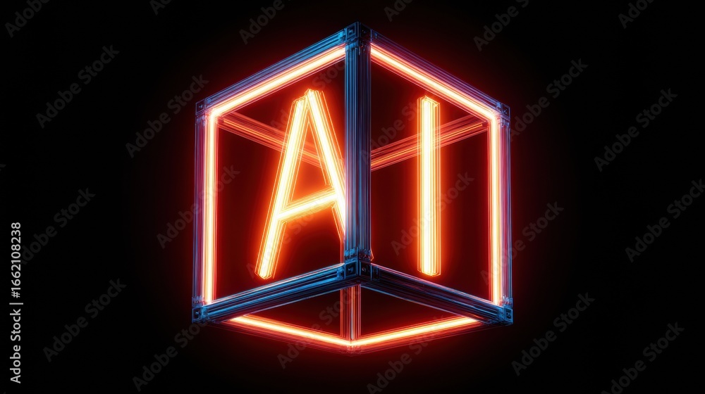 Poster a neon-lit cube with the letters 