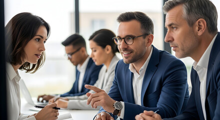 Business Professionals Engaged in Discussion in Modern Conference Room