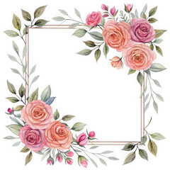 Elegant watercolor floral border with peachy roses and green leaves isolated on transparent background