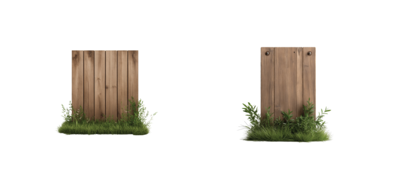 Rustic wooden sign boards with grass elements for design projects