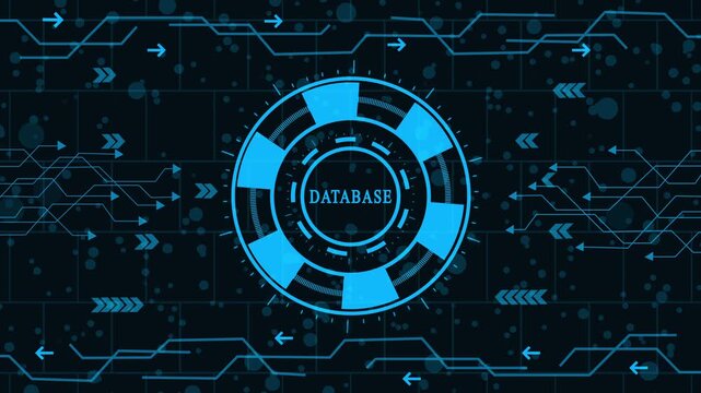 futuristic database management and data storage system animation, digital information retrieval and big data architecture interface, high-tech secure database and cloud server infrastructure hud