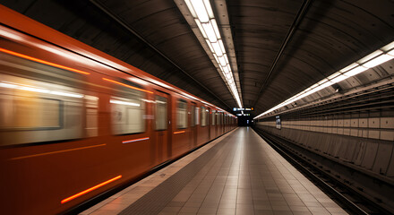 Dynamic subway train speeding through a modern tunnel, urban transportation concept