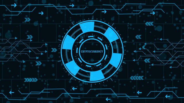 futuristic cryptocurrency and blockchain transaction network animation, digital currency and decentralized finance (defi) interface, high-tech crypto mining and secure wallet technology hud