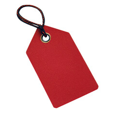 Red price tag, bold red price tag attached with a white string, isolated on transparent background
