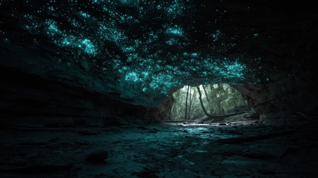 Cave With Glowworms in New Zealand, Forest Visible. Tourism, Science, or Fantasy