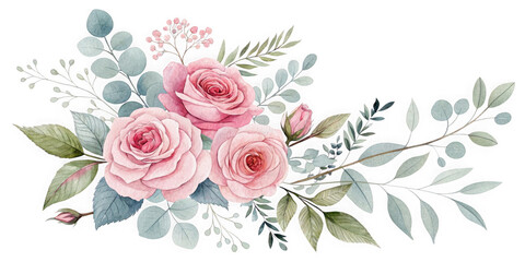 Delicate watercolor pink roses and greenery arrangement isolated on transparent background