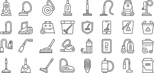 Vacuum Cleaner Icons Vector Set, Cleaning Tools Line Art, Electric Home Appliances, Dust Removal, Floor Care, Hygiene Equipment Symbols