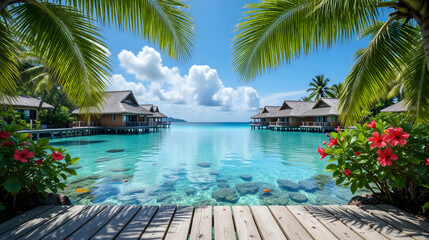Fototapeta premium Wasserbungalows unter Palmen in tropischer Lagune – Harmonisches Wallpaper – Hintergrundbild