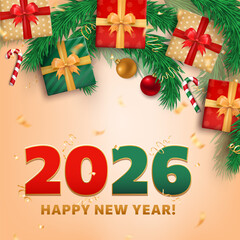 Happy New Year 2026 square greeting card. Christmas banner with 3D text and realistic gift boxes, fir branches, candy canes, golden confetti on light beige background. Festive holiday vector placard