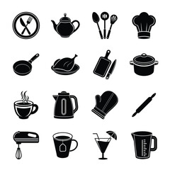 Kitchen and Cooking Vector Icons Set. Silhouette Vector Illustrations of Food, Restaurant, Chef, Utensils, Drinks, Kitchen wares