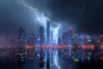 Dramatic cityscape under a powerful thunderstorm with vibrant lightning illuminating the rain-slicked modern skyscrapers reflected in the water below