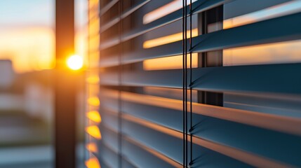Automated window blinds slat detail, wooden texture, subtle dust
