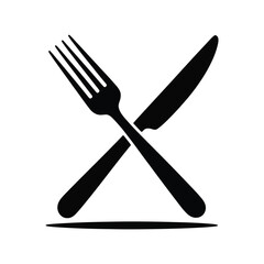 Minimalist black silhouette of crossed fork and knife with shadow, symbolizing dining, restaurant service, food culture, and culinary themes