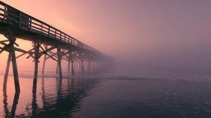 Misty sunrise pier, ocean waves, coastal calm, travel poster