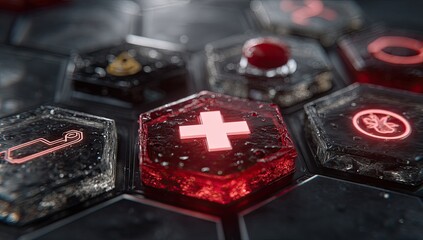 Close-up of a glowing hexagonal medical interface